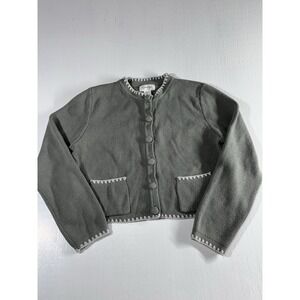 Women's Boho Crocheted Cardigan Sweater Green Scalloped Trim Button Cotton Large